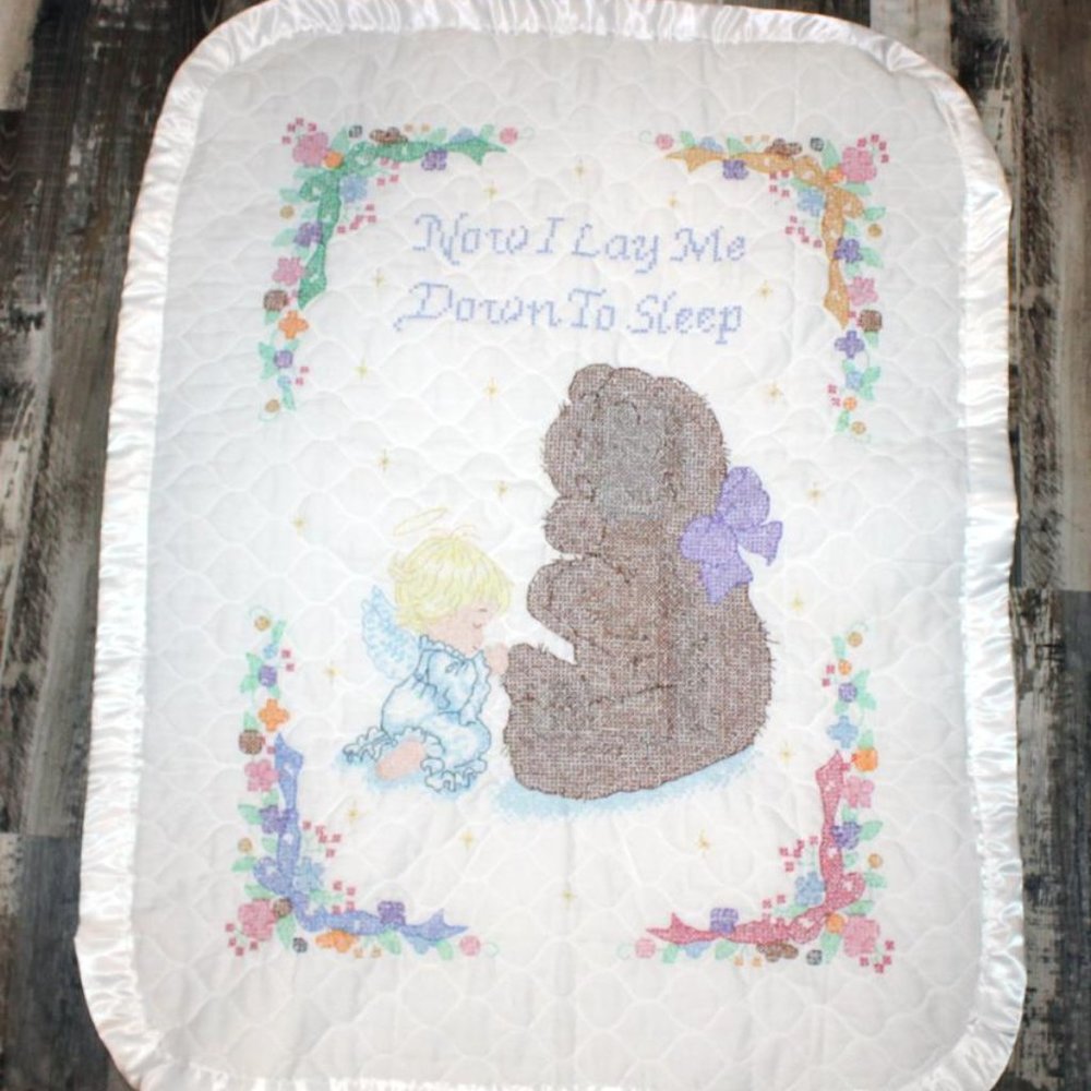 Hand Made Embroidery Embroidered Baby Blanket Quilt Now I lay me down to Sleep
